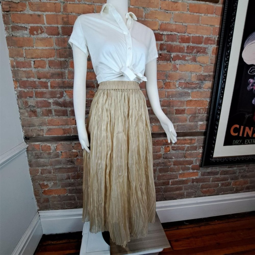 Vintage Skirt Metallic Gold Chiffon Pleated Maxi Size M